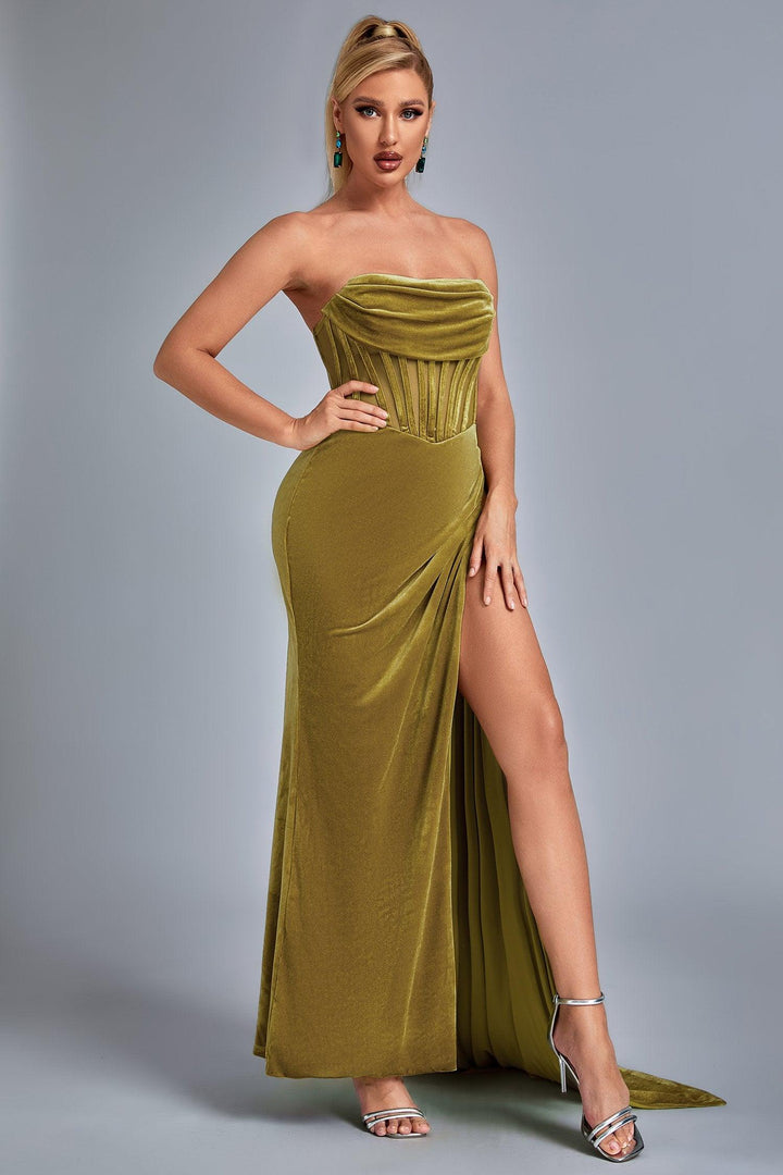 Lamva Corset Velvet Slit Maxi Dress - Yellow - sarahselena