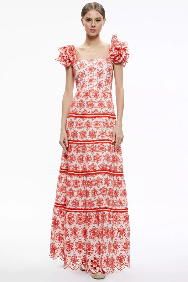 Embroidery Flutter Sleeve Square Neck Cut-Out Maxi Dress