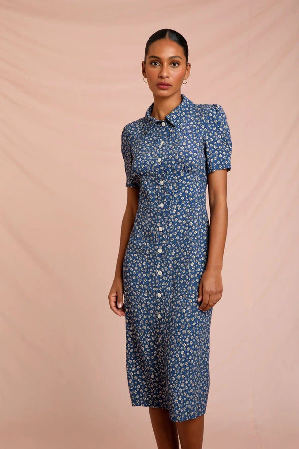 Puff Sleeve Lapel Print Midi Dress Blue