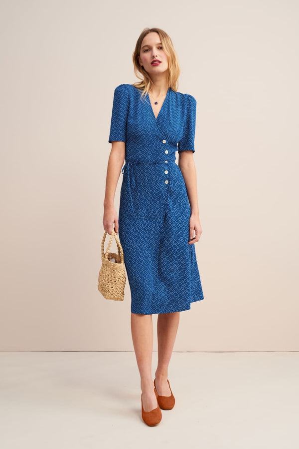 Short Sleeve V-neck Polka Dot Midi Dress Blue