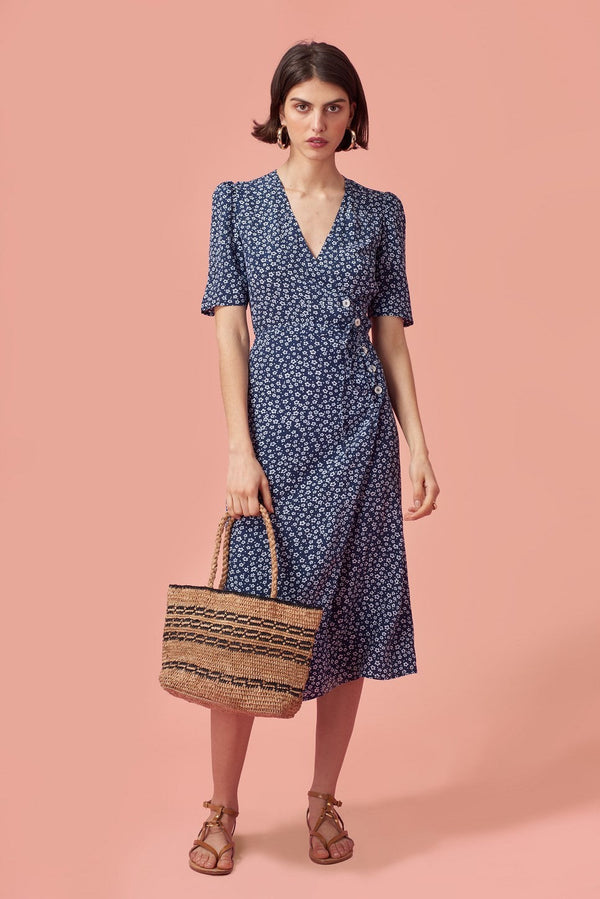 Short Sleeve V-neck Print Midi Dress Blue