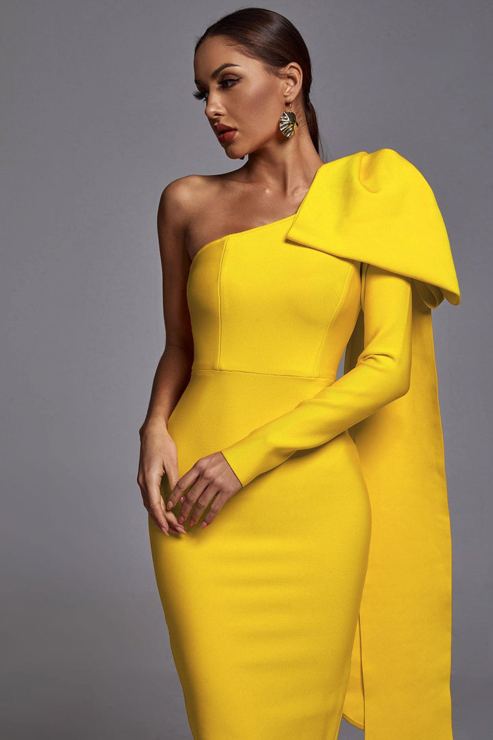 Abbey Yellow One Shoulder Bandage Dress - sarahselena