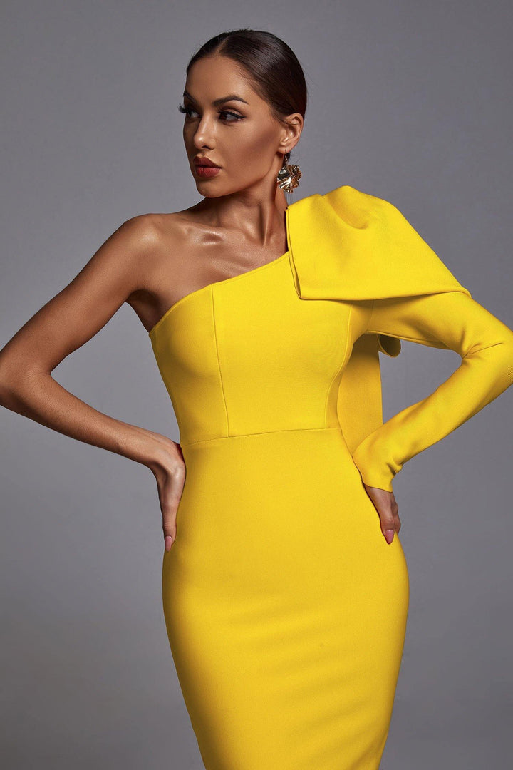 Abbey Yellow One Shoulder Bandage Dress - sarahselena