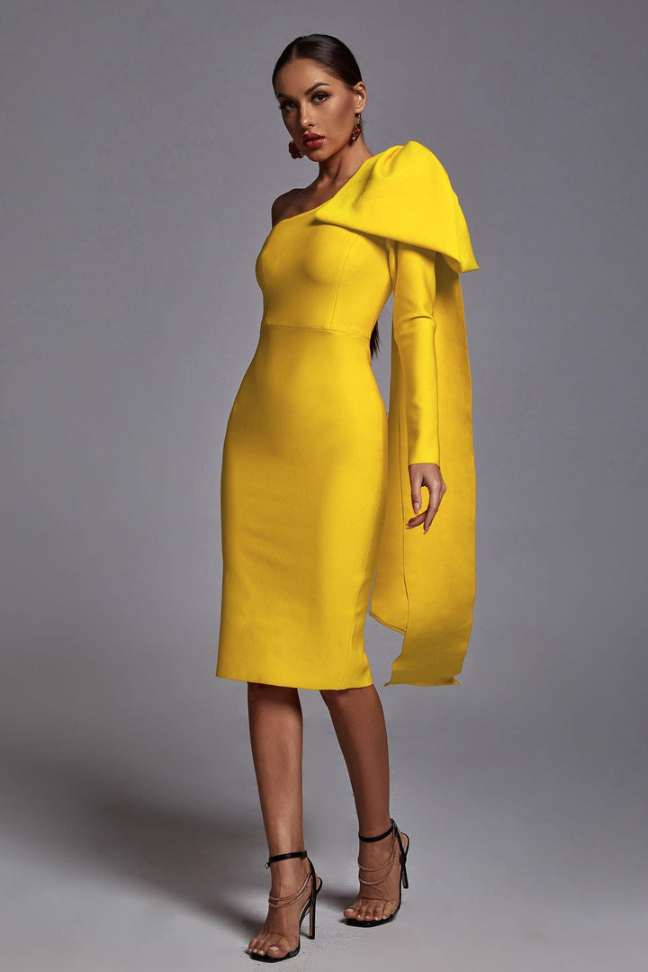 Abbey Yellow One Shoulder Bandage Dress - sarahselena