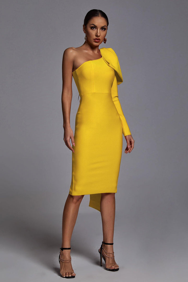 Abbey Yellow One Shoulder Bandage Dress - sarahselena