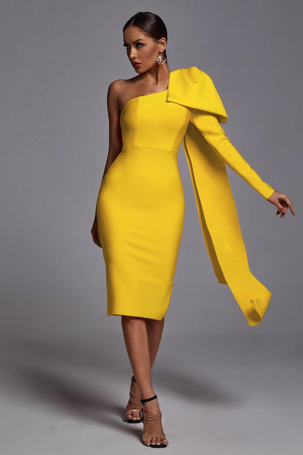 Abbey Yellow One Shoulder Bandage Dress - sarahselena