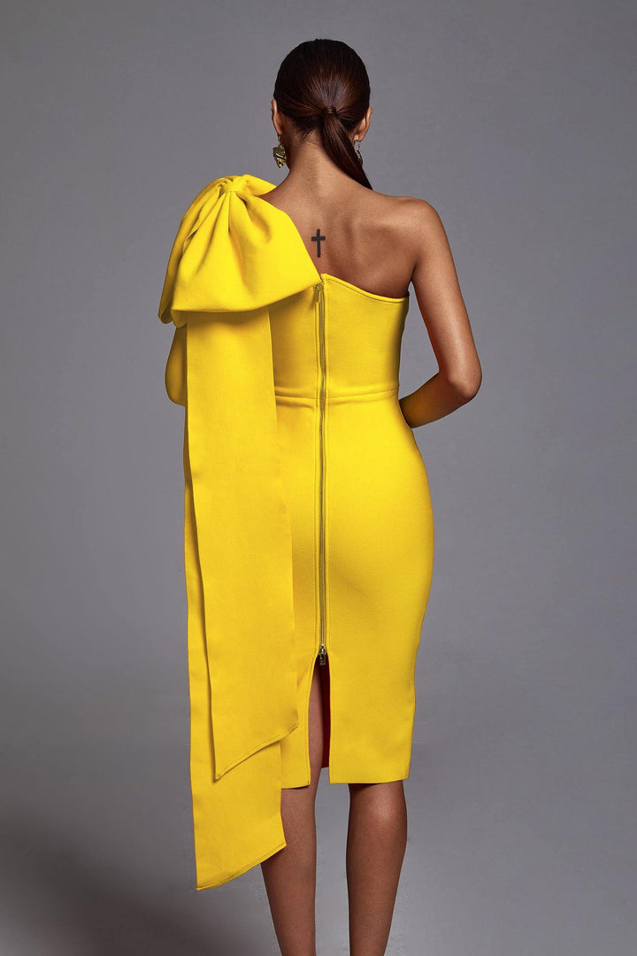 Abbey Yellow One Shoulder Bandage Dress - sarahselena